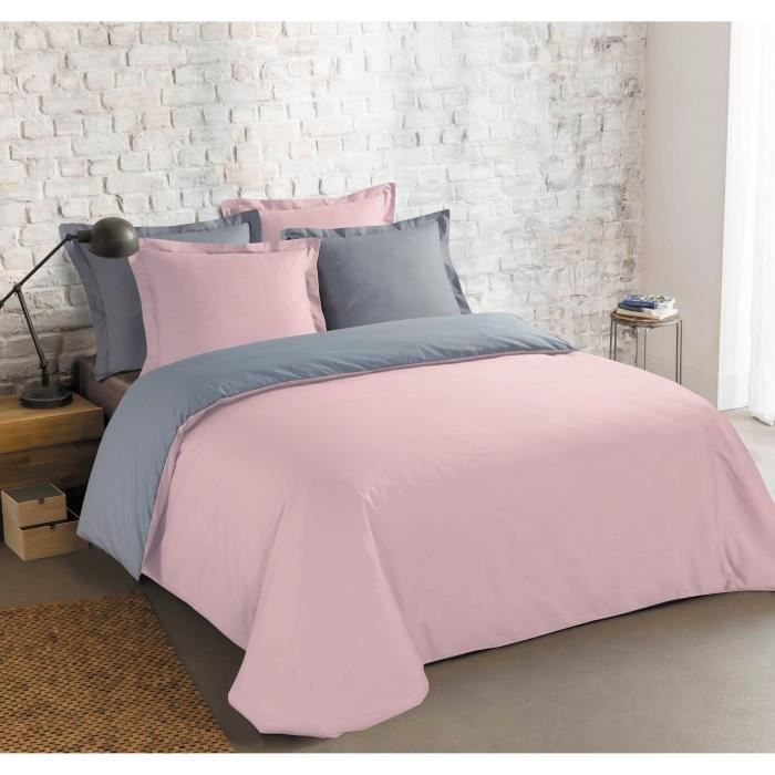 VISION - Bicolore - Housse de couette Réversible 200x200cm avec 2 taies 65x65cm - Gris/rose - 100% coton