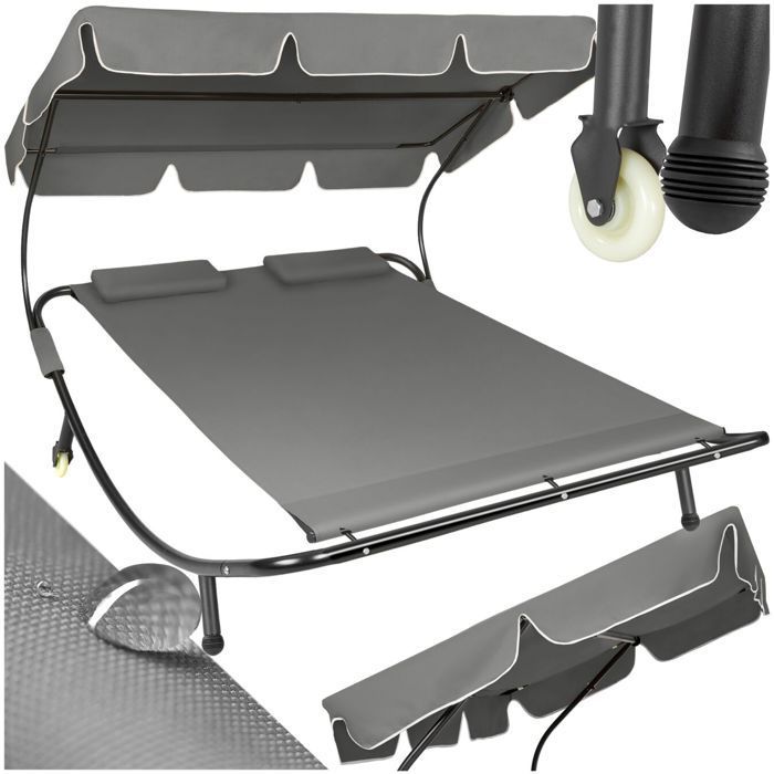 Lettino prendisole - TECTAKE - LIVORNO lettino prendisole doppio in acciaio per 2 persone con parasole regolabile, 185 x 195 x 142-175 cm - Nero/Grigio