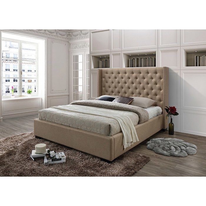 Cama de 180 x 200 cm com cabeceira estofada - Tecido - Bege - MASSIMO II