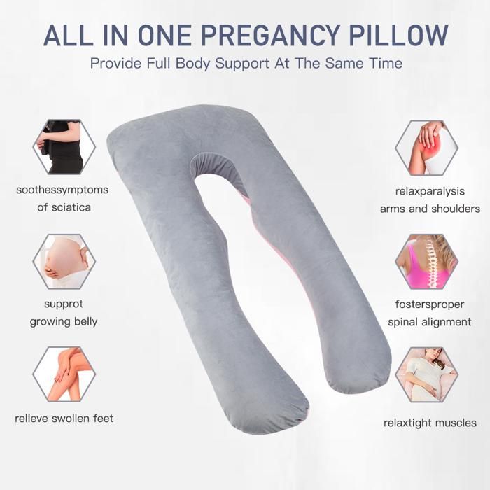 Coussin de Grossesse - Oreiller pour Femme Enceinte en Forme de U pour Dormir -Rose et Gris Foncé - Velours