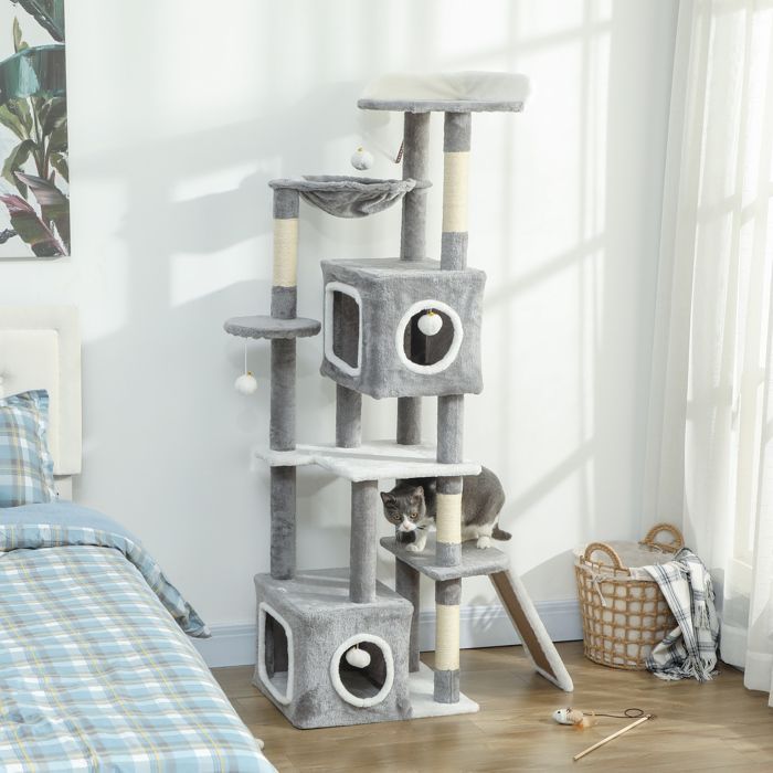 Krabpaal - speeltoren voor katten - PawHut - sisal krabpaal en -palen, 2 schuilplaatsen, platforms - 165 cm hoog - grijs