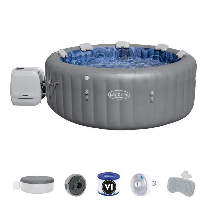 Spa gonflable BESTWAY - Lay-Z-Spa Santorini - 5 à 7 places -Rond (Livré avec 5 appuie-tête rembourrés + 2 LED à eau ColorJet)