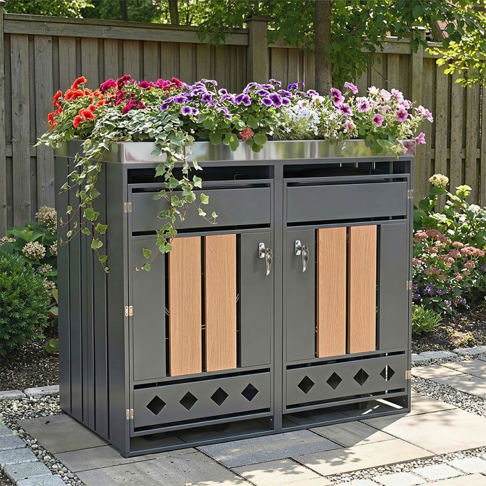 HOMVRA Abri pour Poubelle, Cache-Poubelles 2 Compartiments avec Bac à Fleurs, Design Verrouillables, Acier, Gris et Aspect Bois