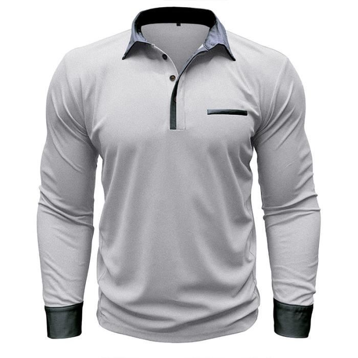Polo da uomo a maniche lunghe con dettagli a contrasto, vestibilità regolare, ideale per primavera e autunno - Taglia europea - Grigio chiaro