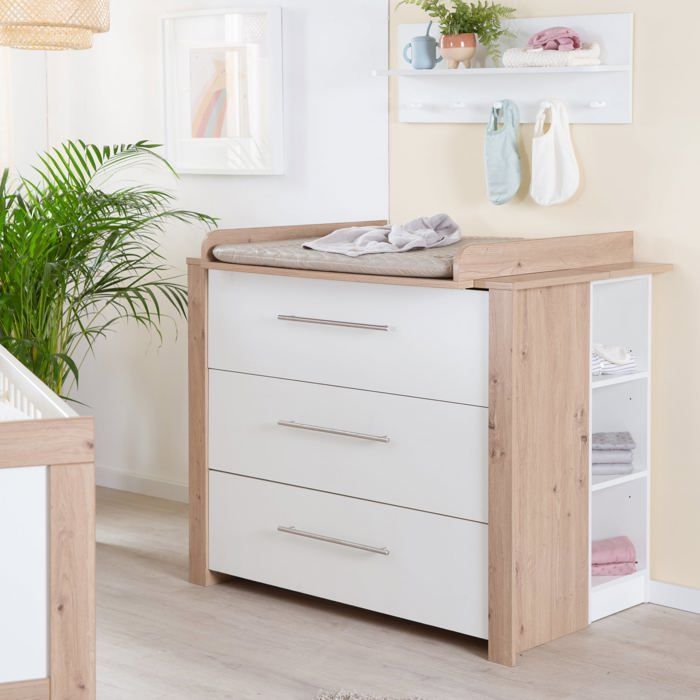 Conjunto de dormitorio ROBA Baby Duo - Malo - Cuna convertible de 70x140 cm + cambiador con mesa cambiador extraíble - Blanco - Acabado en roble