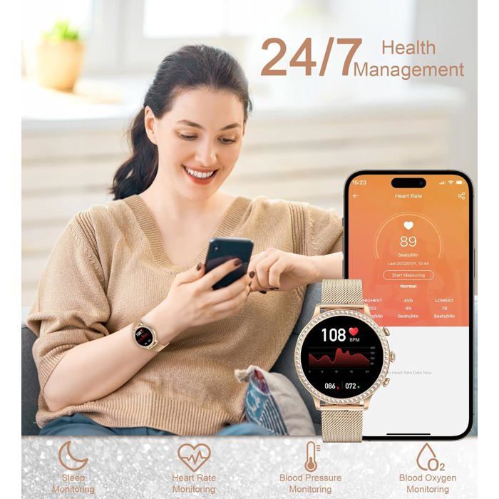 Round Women's Smartwatch with Bluetooth Calling, IP67 Smartwatch with Feminine Function, Heart Rate Monitor, Sleep Monitor [S464]