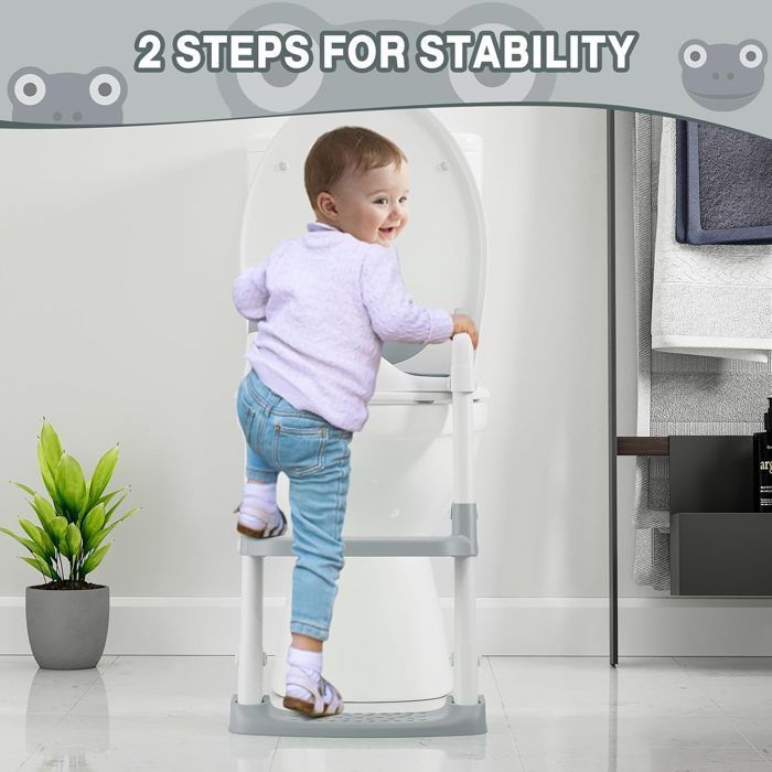Asiento de inodoro plegable y ajustable para bebés, con escalones anchos y cómodo - GRIS