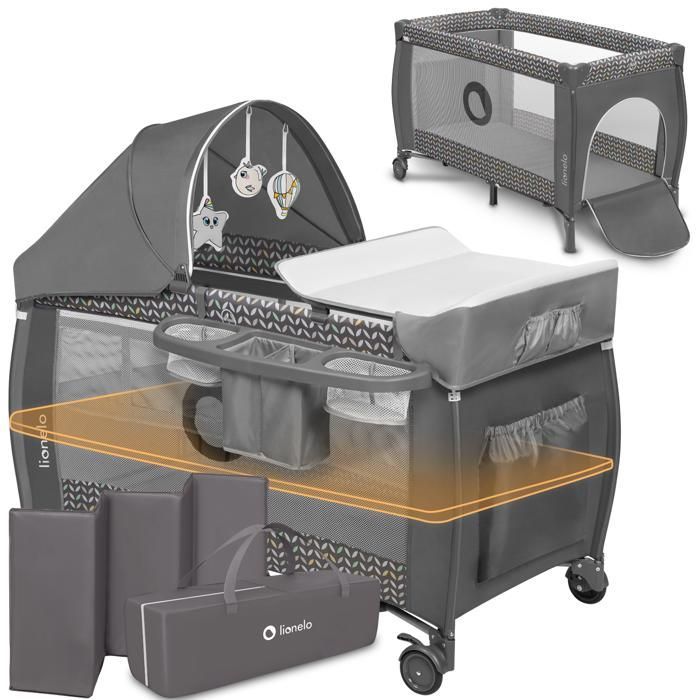 LIONELO Sven Plus - Cuna de viaje 2 en 1 para bebés - De 0 a 36 meses - Cambiador - Mosquitera y accesorios - Gris
