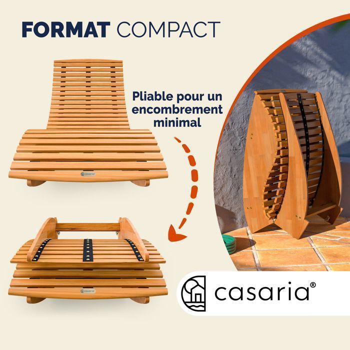 CASARIA® Folding Rocking Chaise Lounge in FSC-Certified Acacia Wood, Ergonomic Sun Lounger for Garden and Sauna