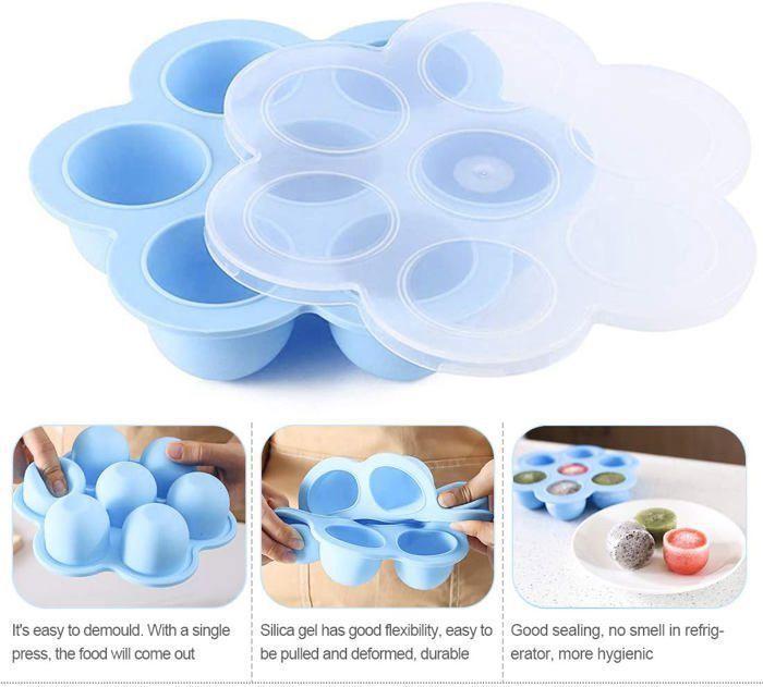 Recipientes de silicona para comida de bebé, bandejas para congelar con tapa para almacenar alimentos.