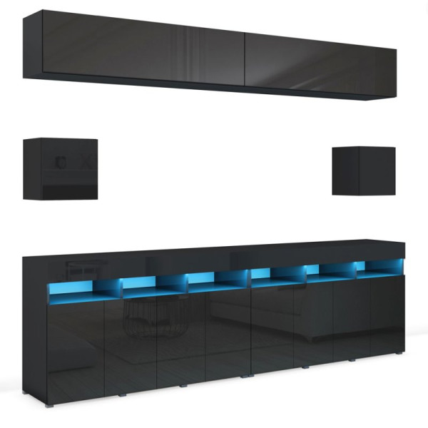 Meblościanka do salonu 280 cm PREMIUM czarny połysk