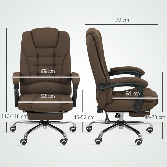Office chair - Vinsetto - adjustable height, reclining backrest and footrest - linen-look fabric - 65x70x118cm - brown