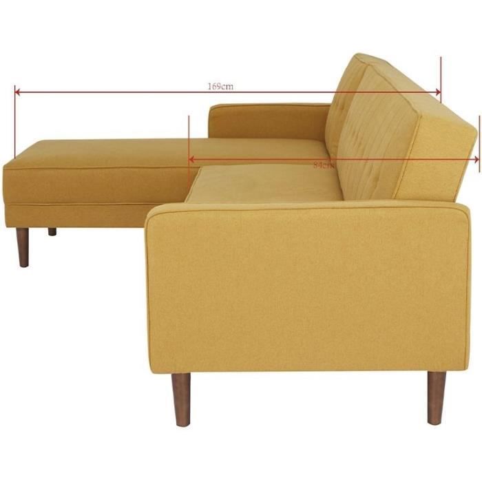 Divano letto angolare reversibile a 3 posti - Tessuto giallo senape - Gambe in legno - L 286 x P 169 x H 80 cm - IMANIA