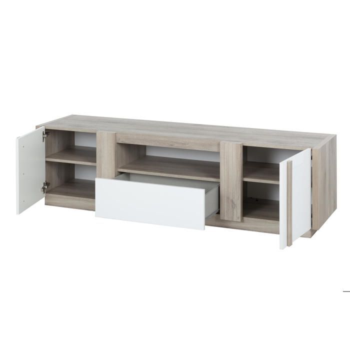 Mobile porta TV con finitura effetto legno rovere chiaro, 2 ante, 1 cassetto, bianco lucido.