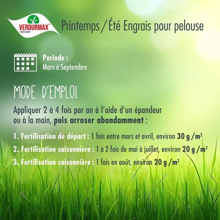 Verdurmax 2 x 5 kg d'engrais pour gazon Printemps & Été – Engrais à libération prolongée avec azote pour 500 m² de gazon vert