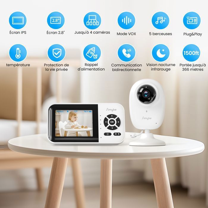 Simyke Smart Video Baby Monitor, Switch Wi-Fi, Tela de 2,8 polegadas, Aplicativo, Alcance de 457 metros