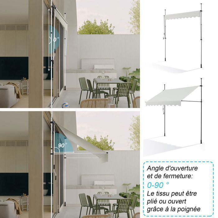 Handmatig te bedienen zonnescherm - Beige - 300 x 120 cm - Geen boren nodig - Verstelbaar met slinger