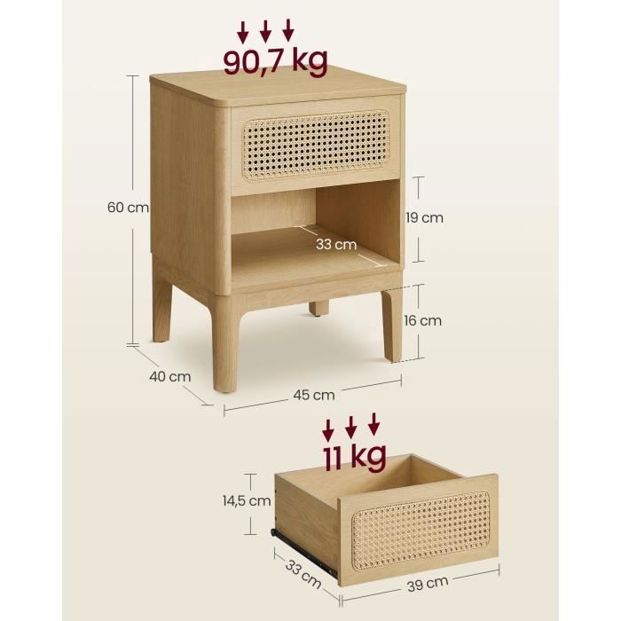 Comodino in rattan - VASAGLE - Moderno - con cassetto - Colore legno