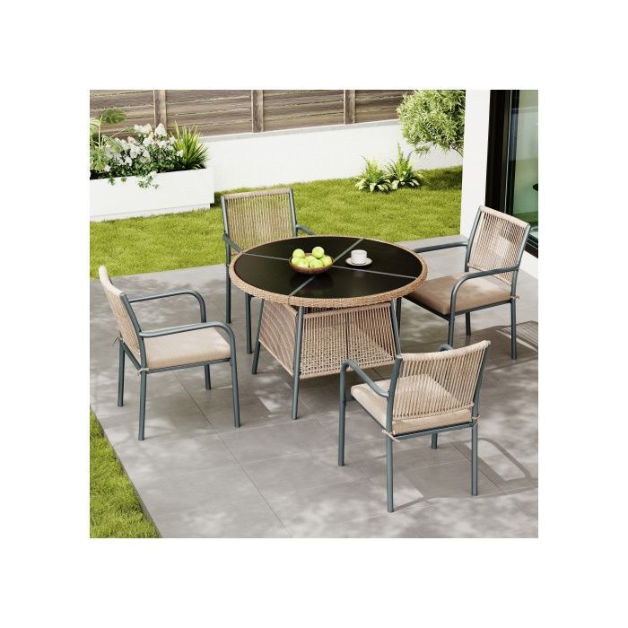 Conjunto de móveis de jardim de 5 peças em resina trançada cinza, mesa redonda de vidro temperado e 4 poltronas com almofadas.