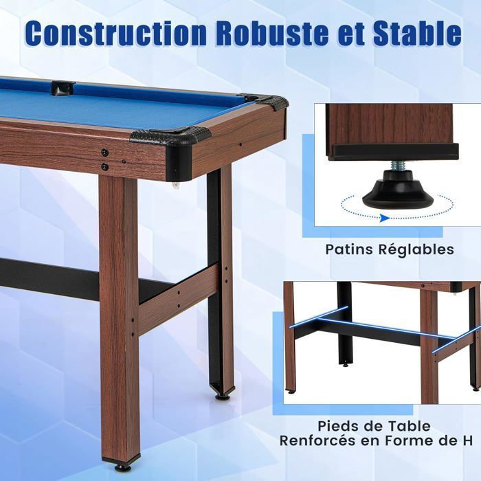 Mesa de billar compacta COSTWAY de 122 cm - 16 bolas - 2 tacos - Triángulo - Cepillo - 2 tizas - Superficie de terciopelo - Patas ajustables - Azul