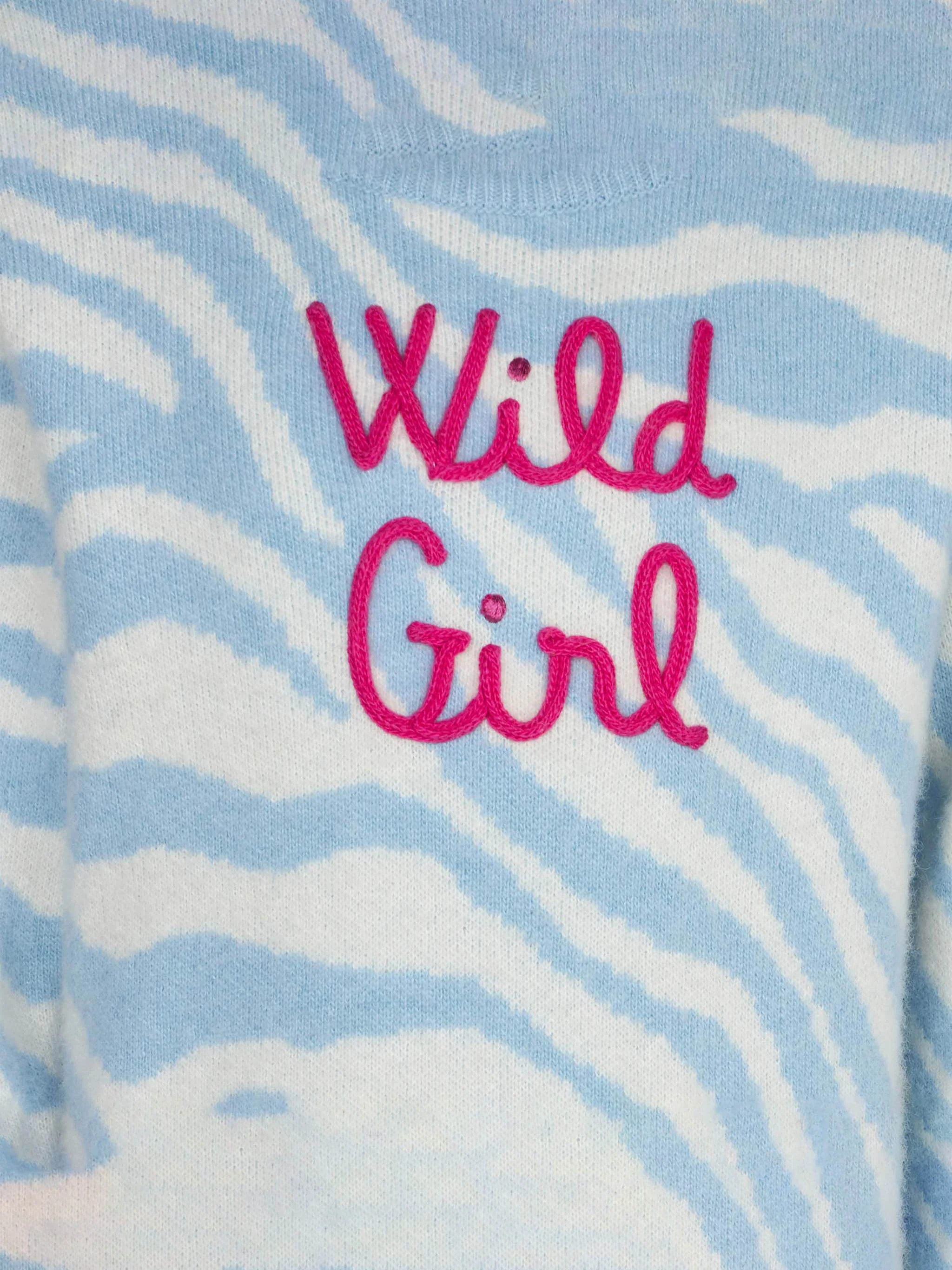 Geborstelde trui voor meisjes met zebraprint en Wild Girl-borduurwerk.
