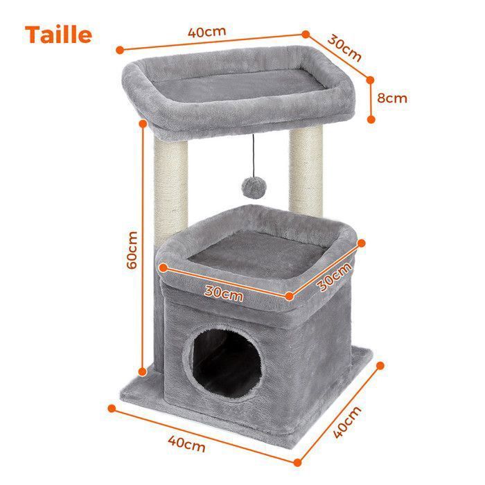PAWZ Road Petit Arbre à Chat 60 cm, Tour de Jeux avec 2 Poteaux à Griffer Robuste, 1 Condo Spacieux & 1 Grand Perchoir, Gris