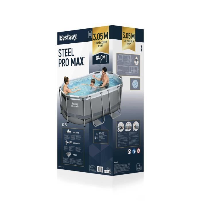 Kit de piscina tubular elevada BESTWAY - Steel Pro MAX™ - 305 x 200 x 84 cm - Ovalada (Incluye filtro de cartucho y 1 cartucho)