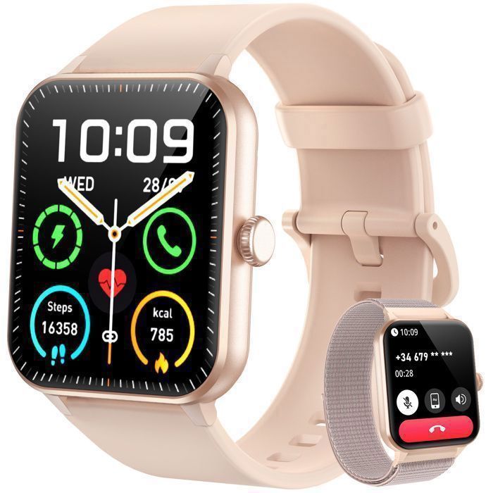Smartwatch feminino compatível com Samsung, iPhone e Android, com tela de 1,85 polegadas, chamadas Bluetooth, assistente de voz com inteligência artificial, contador de calorias, resistência à água IP68 e pedômetro.