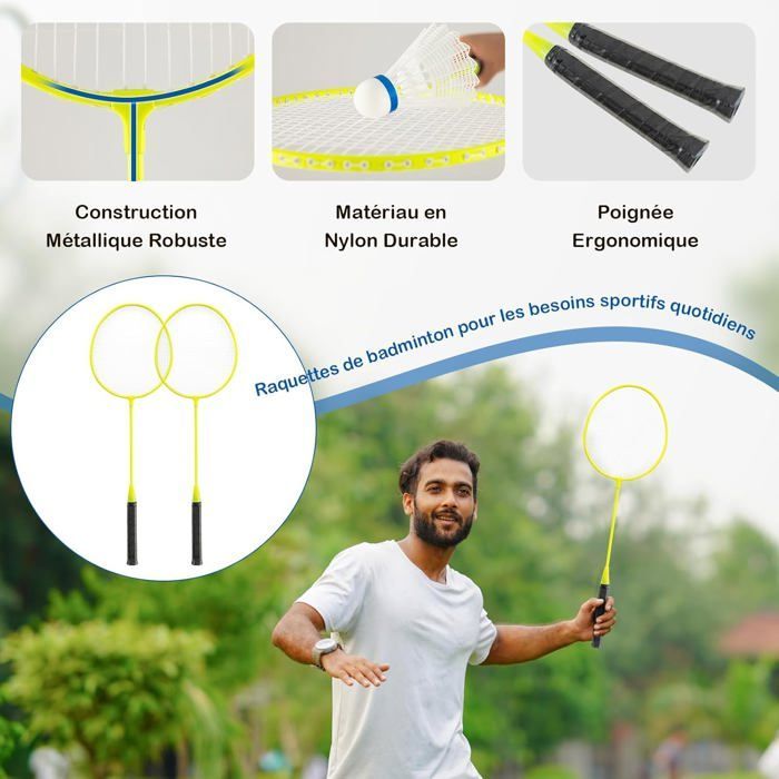 Juego de red de bádminton portátil GYMAX de 275 cm, con 2 raquetas, 2 volantes, caja de almacenamiento, fácil montaje - Amarillo