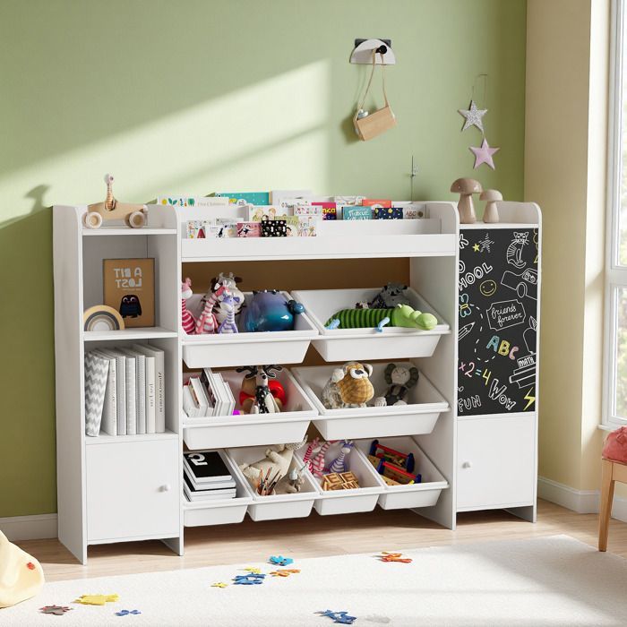 Estante de quatro prateleiras, prateleira de armazenamento infantil, unidade de armazenamento de madeira com portas, para brinquedos e livros.