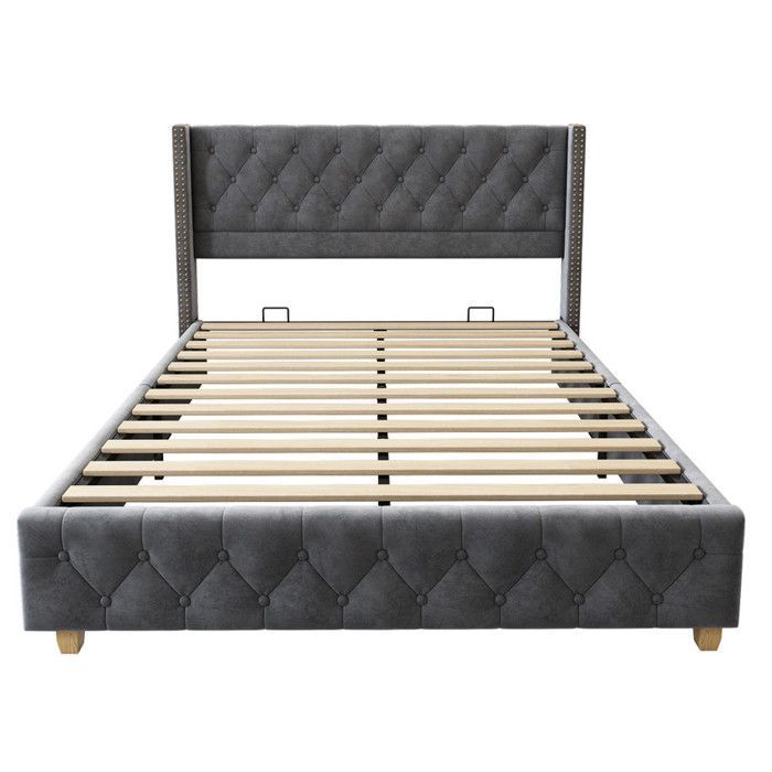 140x190 cm bed with slatted base and headboard, velvet double bed with wooden legs, upholstered double bed, grey