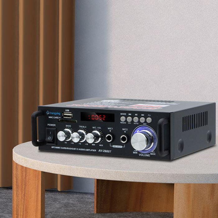 Amplificador de audio estéreo HiFi con entrada para tarjeta SD, radio FM y Bluetooth, 12V/220V, 300W + 300W