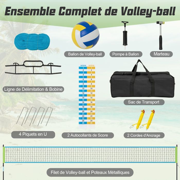 Conjunto de red de voleibol para exteriores COSTWAY, marcadores, bomba y línea de delimitación para jardín, playa y césped.