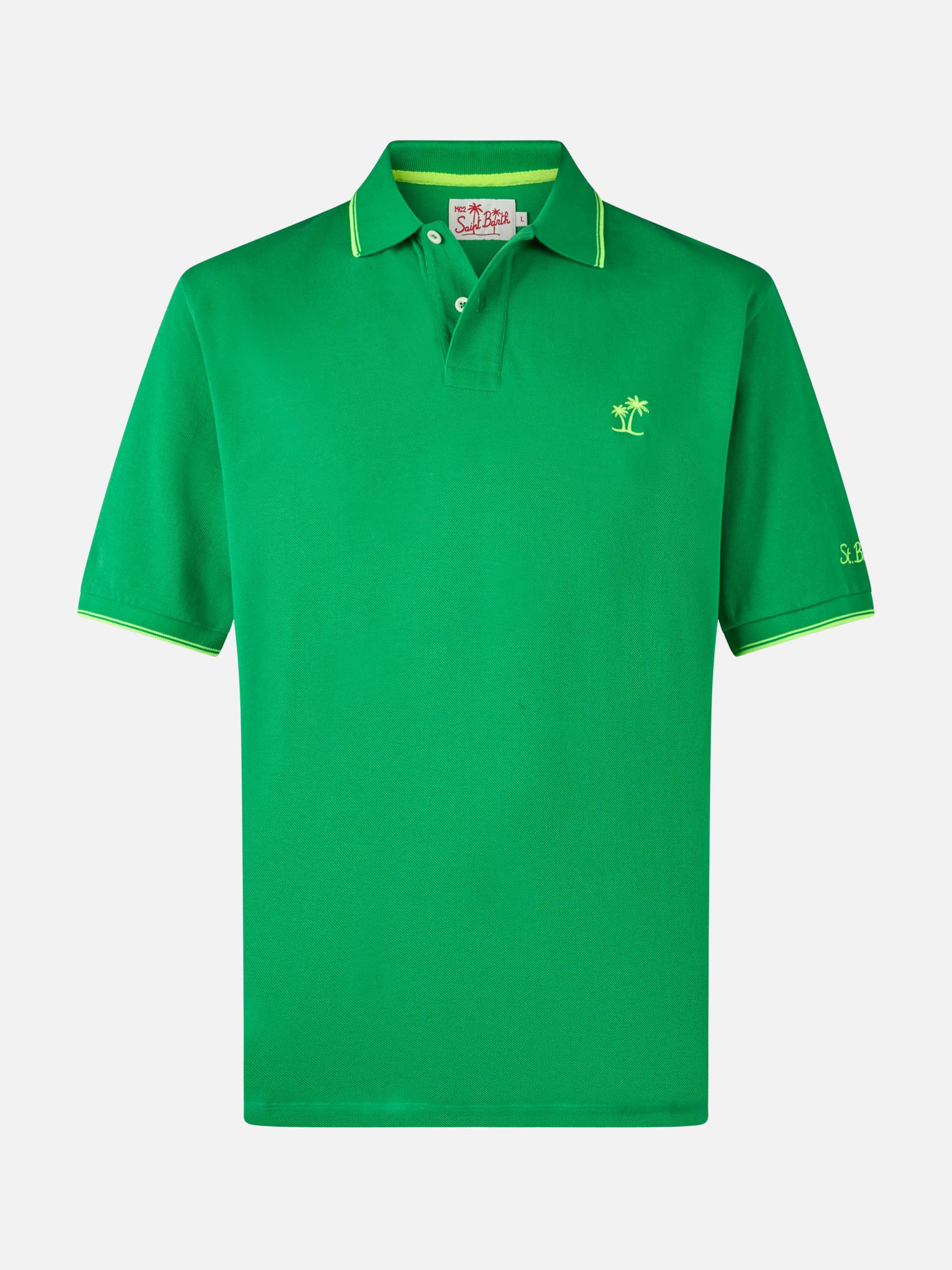 Herenpoloshirt van Beverly Hills Green, gemaakt van katoenpiqué, met palmboomborduurwerk.