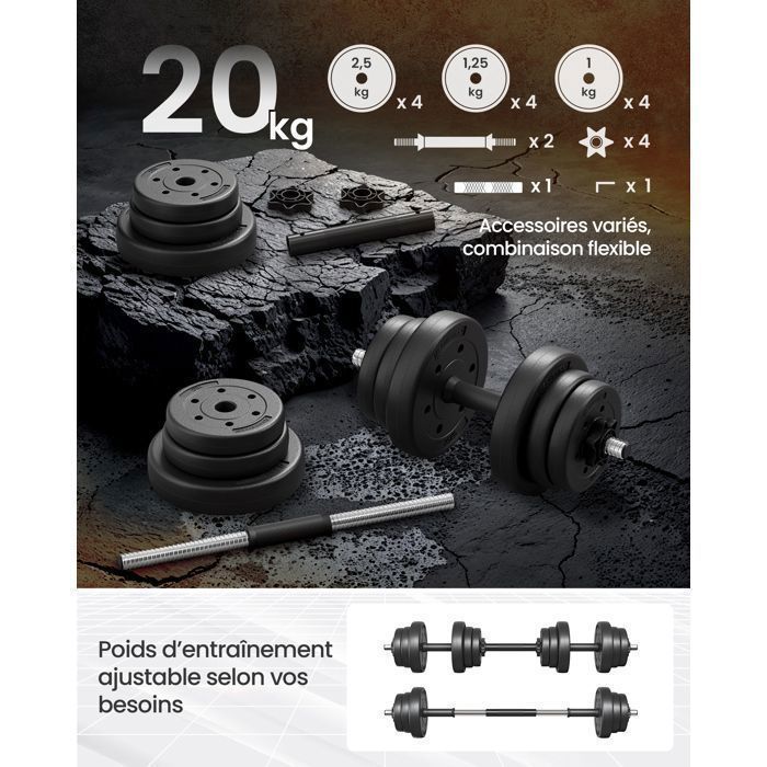 Juego de 2 mancuernas ajustables (10 kg, 20 kg) con barra de extensión adicional y 12 discos de peso de SONGMICS.