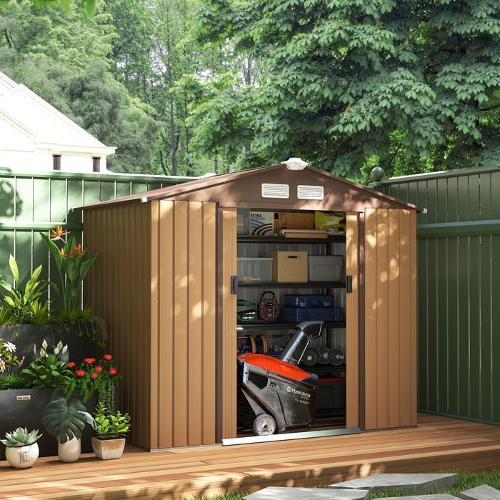 Caseta de jardín Outsunny con kit de cimentación, puerta con cerradura, 213 x 130 x 185 cm, chapa de acero, color caqui.