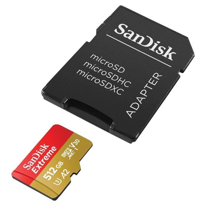 Carte mémoire microSDXC SanDisk Extreme 512 Go + adaptateur SD jusqu'à 160 Mo-s, avec la Classe de vitesse UHS 3 (U3), V30