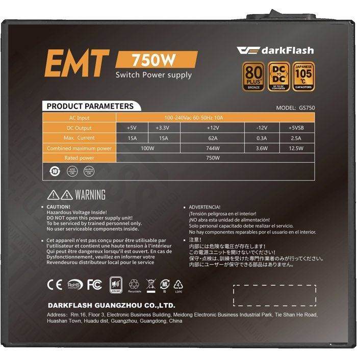DARKFLASH EMT - Fonte de alimentação para PC não modular - 750 W - 80 Plus Bronze