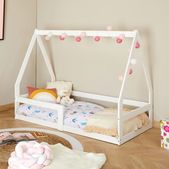 Cama tipo cabaña TAMI de 70x140 cm, cama individual para bebé o niño, estilo Montessori, en madera maciza de pino teñida de blanco.