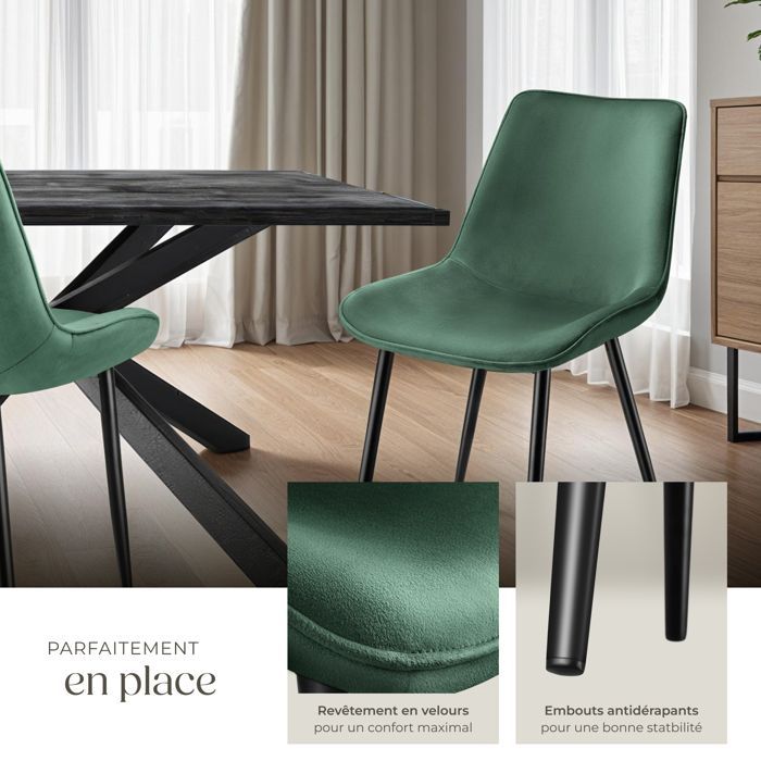 Chaises - TECTAKE - Lot de 2 fauteuils MONROE rembourrés aspect velours assise ergonomique et pieds en acier noir - Vert Foncé