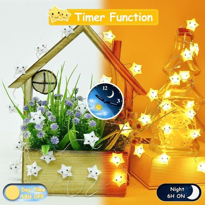 Battery Operated String Lights, 2m 20 LED Stars, Children's String Lights, with Timer, for Indoor Use