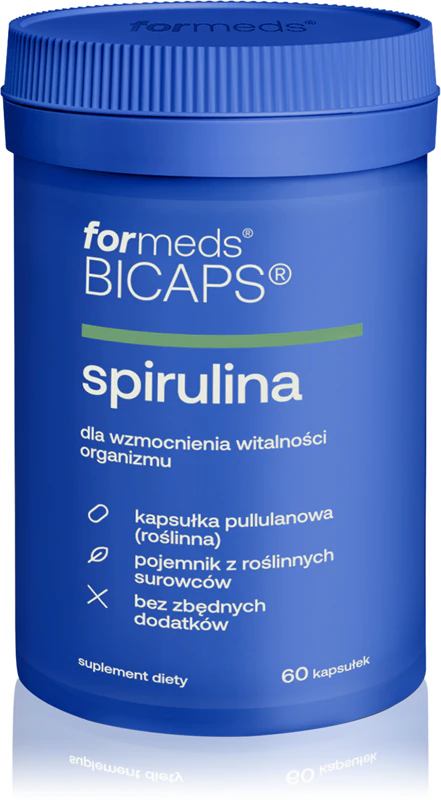 Suplemento alimentar de espirulina em cápsulas formadas, antioxidante natural.