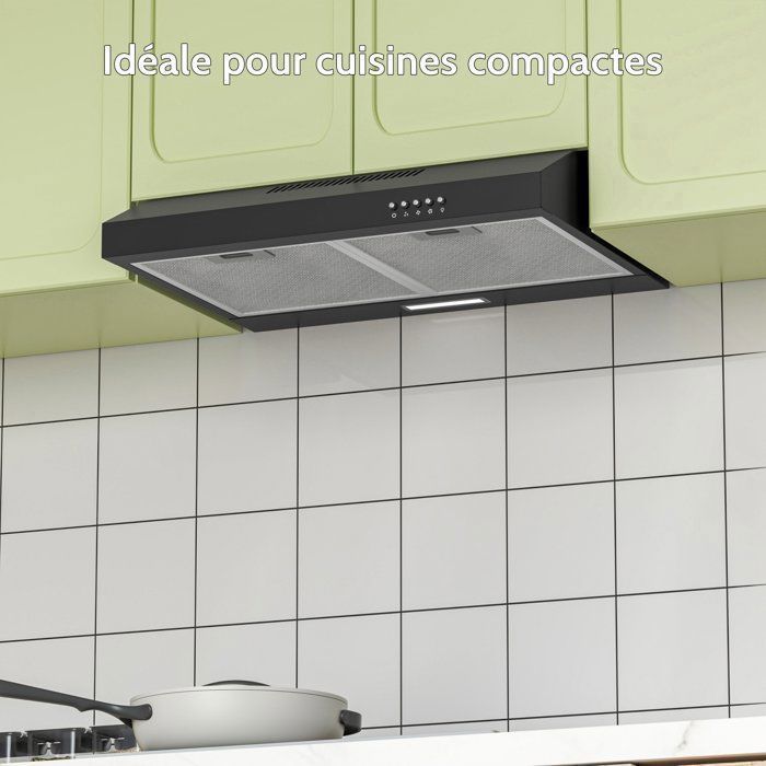 Cappa sottopensile FIREGAS da 60 cm nera – 250 m³/h – Aspirazione o ricircolo – Classe energetica A+
