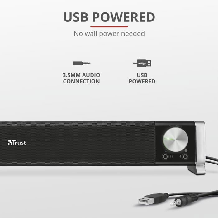 Soundbar per PC Trust Asto da 12 Watt, con connettori per cuffie e microfono, alimentazione USB, per PC - Nero