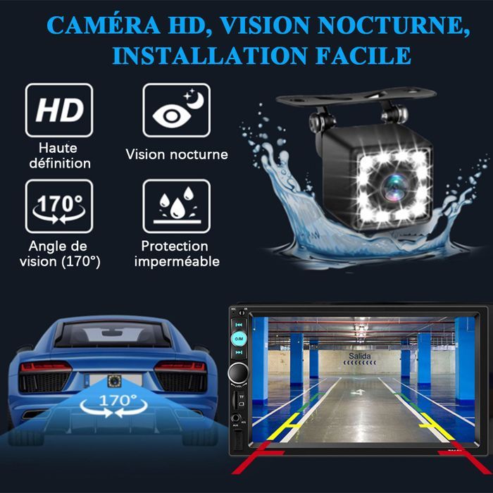 Radio para coche Bluetooth de 7 pulgadas y 2 DIN - CarPlay y Android Auto - Pantalla táctil/Radio FM/AUX/USB/Tarjeta TF - Cámara de visión trasera con 12 LED