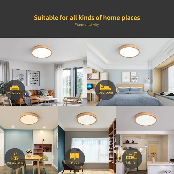 Lámpara de techo LED de madera SNOGOLD de 20 W, moderna lámpara de techo redonda de madera de Ø30 cm, para salón, cocina y pasillo - Blanco frío 6000 K