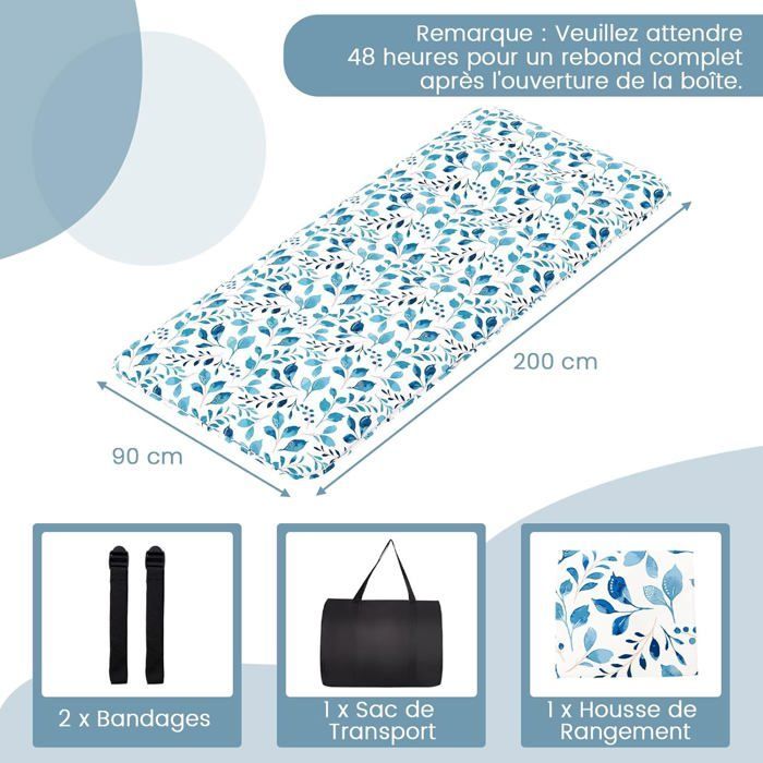 COSTWAY Matelas Futon 90 x 200 CM, Surmatelas Amovible Lavable, Matelas de Sol Portable avec Sac de Transport, Motif de Feuille