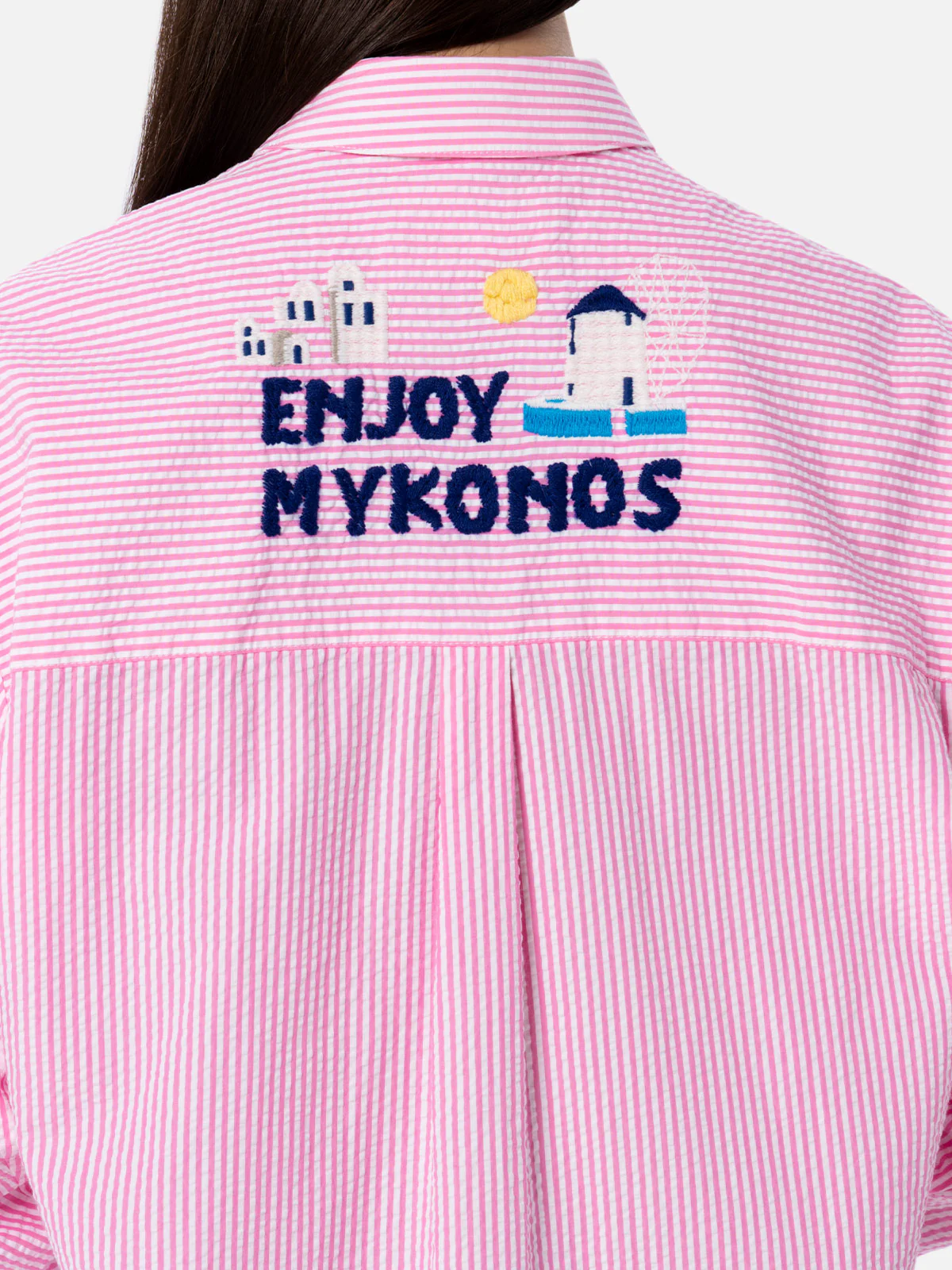Brigitte damesblouse van Seeruscker-katoen met strepen en Myko-borduurwerk.