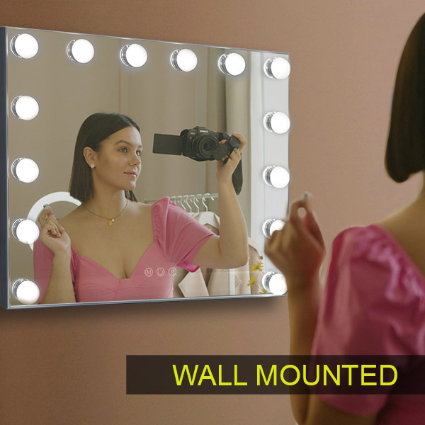Oglindă cosmetică Matteo Hollywood cu 14 becuri LED reglabile în 3 culori, tactilă