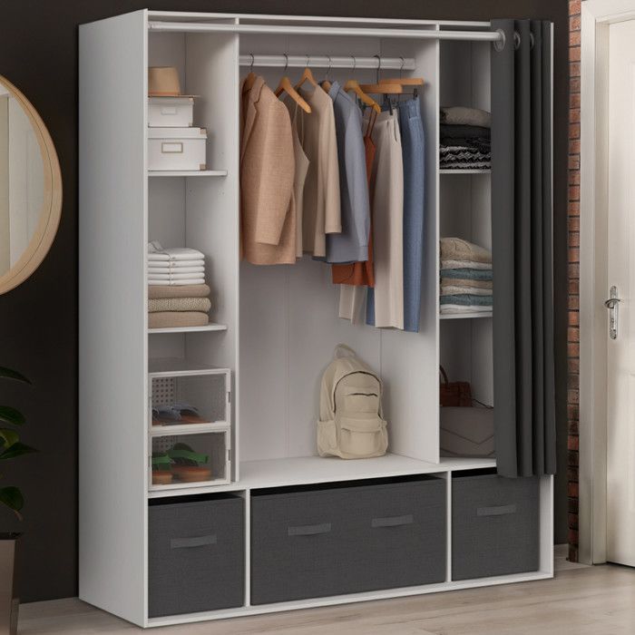 Guarda-roupa duplo IDMARKET DIANE, 140 x 45 x 167 cm, branco, com prateleiras, caixas de arrumação e cortina cinzenta.